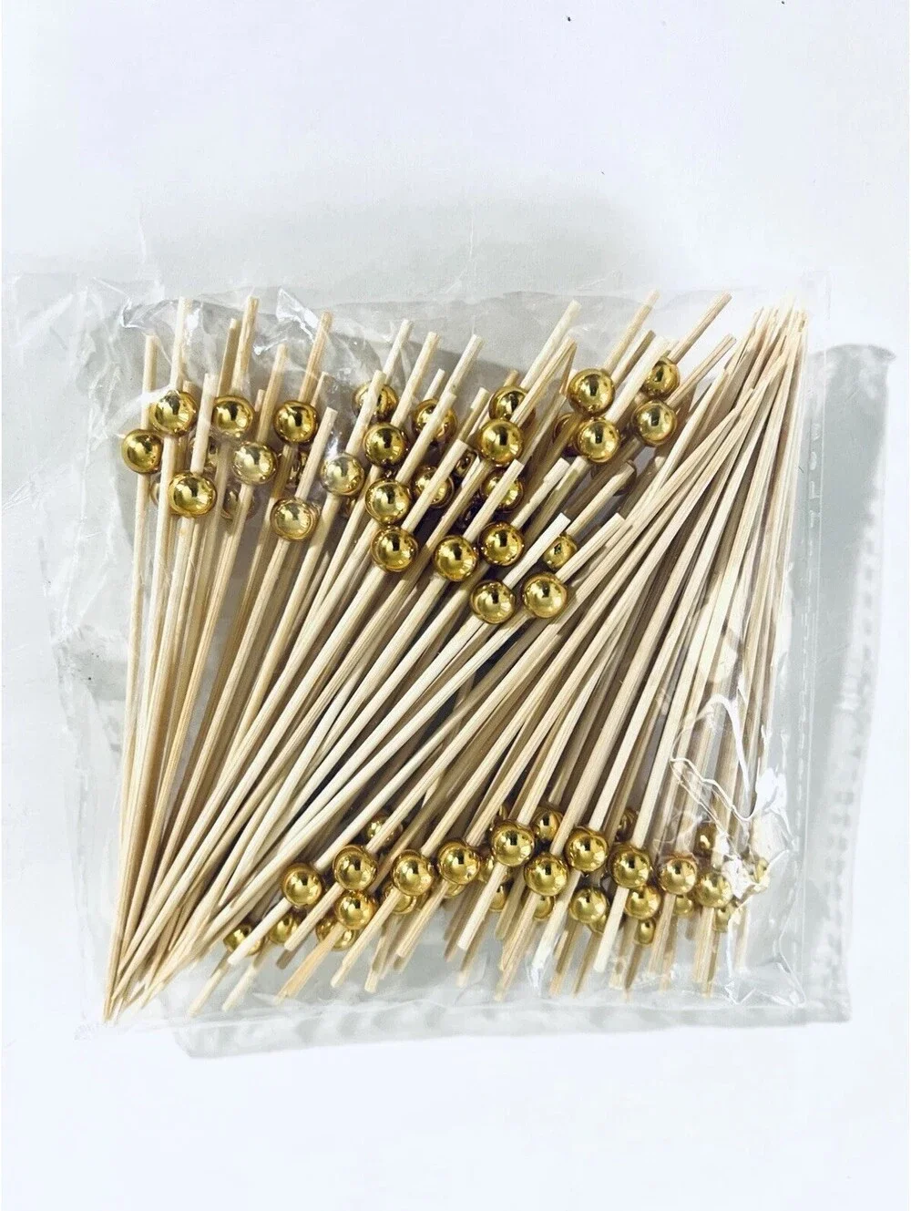 Approx 300 Bamboo Cocktail Picks Mini Forks Gold Bead Skewers Party Lot New